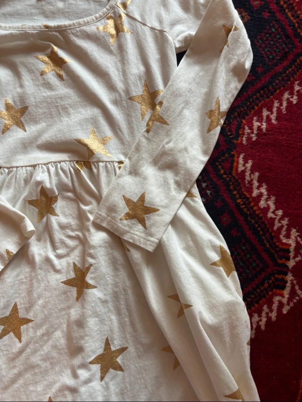 Old Navy Cream Long Sleeve Dress with Metallic Gold Star Print